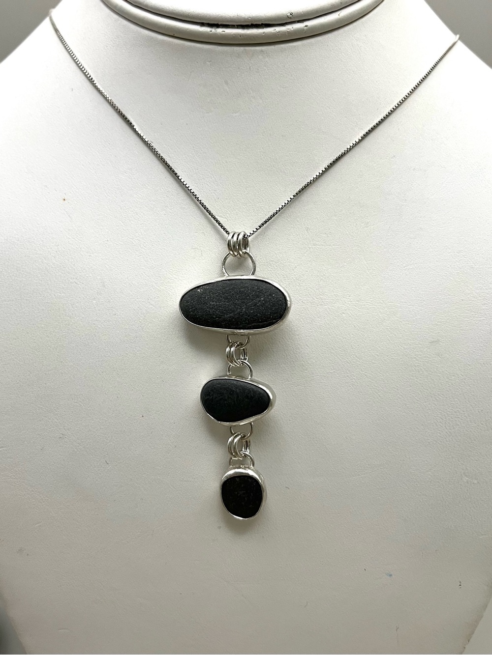 Handmade Sterling Silver Beach Stone Necklace | 925 Triple Drop Pendant